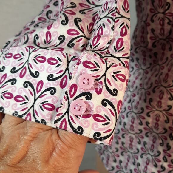 Dana Buchman Button‎ Down Top with 3/4 Sleeve White Pink Black Size Small - Picture 4 of 9